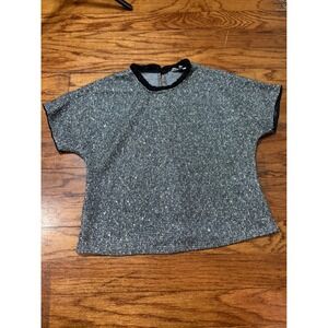 Waverly Grey Libera Metallic Silver Tweed Knit Top Black Fur Trim Small